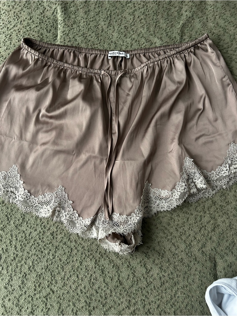 Abercrombie & Fitch Taupe Satin Sleep Shorts with Cream Lace Trim